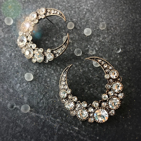 Jewelry - Crescent Moon Earrings Encrusted Rhinestones Large
